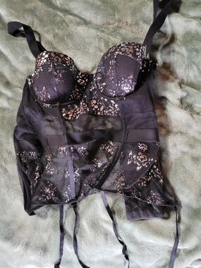 Victoria's Secret Black Lace Longline Bra with Rose Gold Floral Embellishments